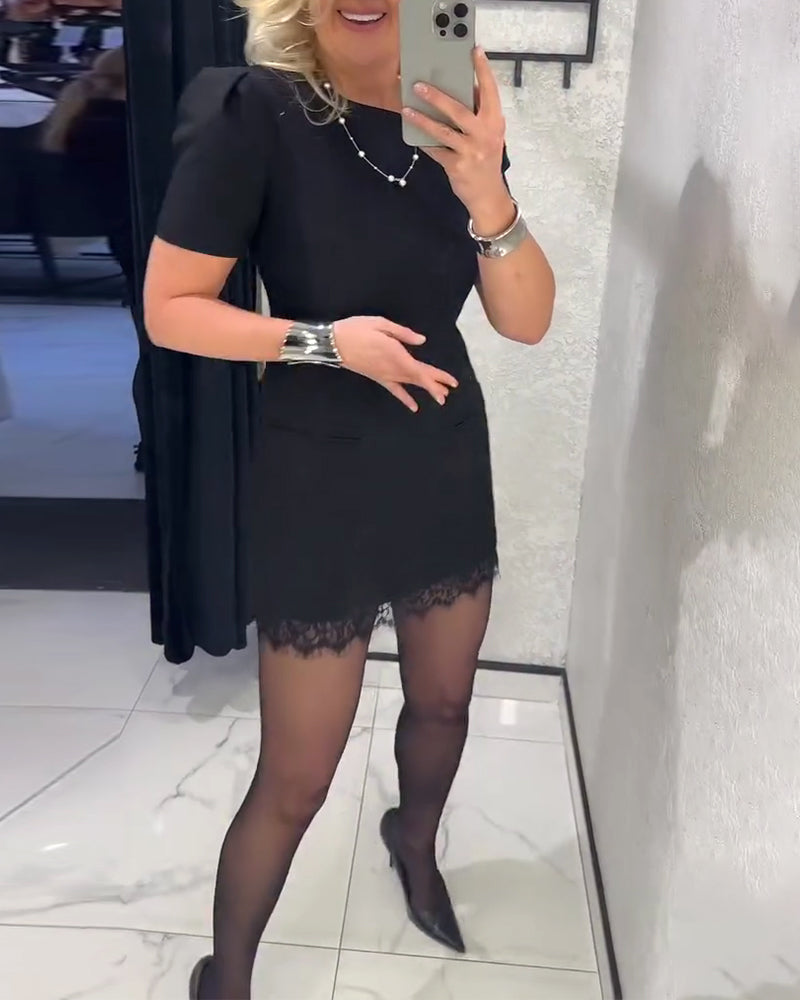 Kleid Puffärmel Spitze Patchwork