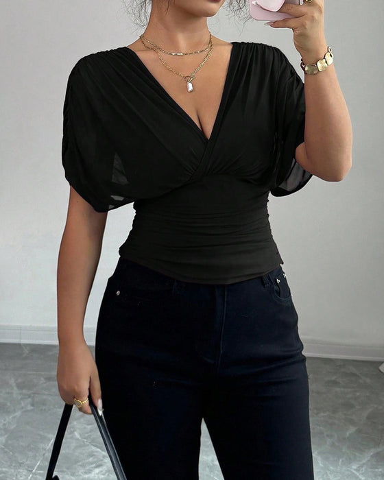 Bluse Uni Farbe Tiefer V-Ausschnitt Taille Kurzarm