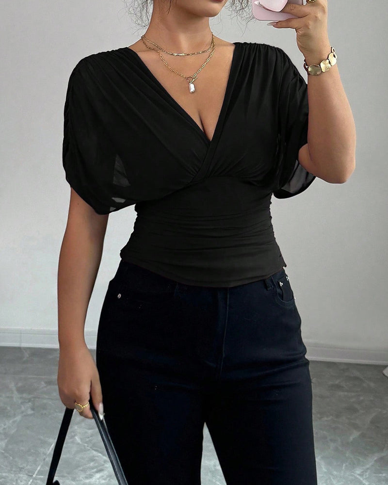 Bluse Uni Farbe Tiefer V-Ausschnitt Taille Kurzarm