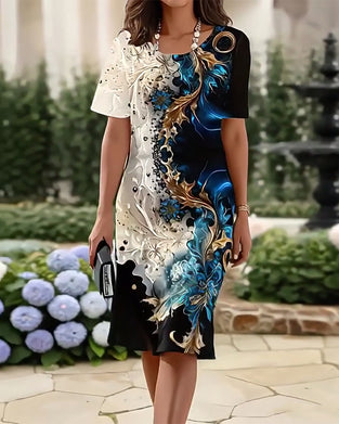 Kleid Rundhals Gedruckt Gerade