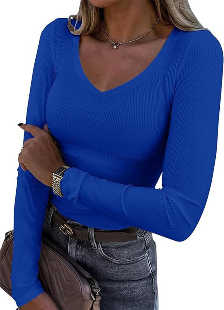 Top V-Ausschnitt Slim Langarm