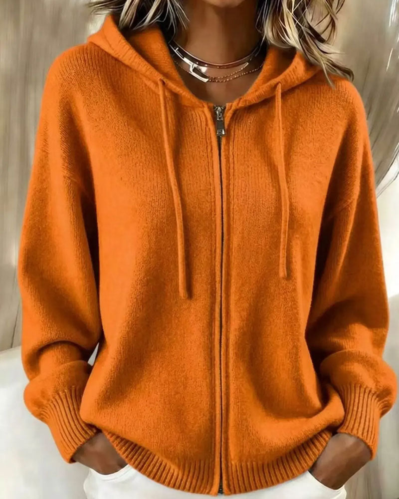 Cardigan Mit Kapuze Drop Schulter Reißverschluss Gestrickt