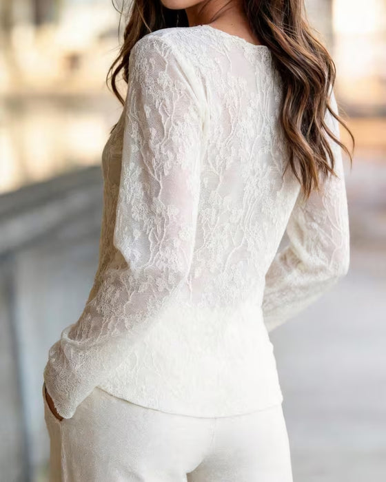Bluse Rundhals Spitze Sheer Tailliert
