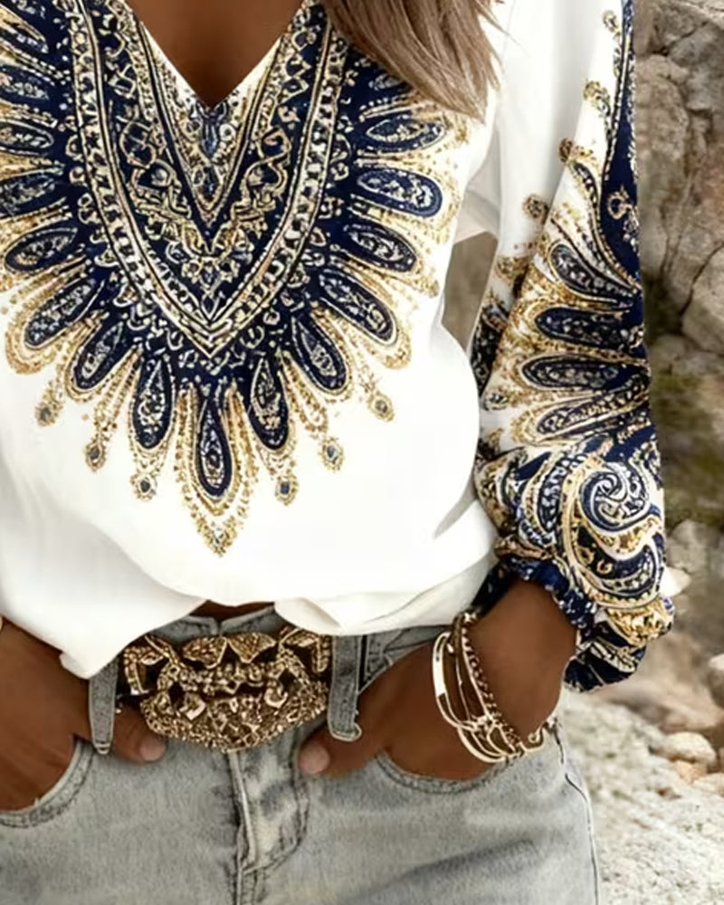 Top Mit V-Ausschnitt Und Retro-Print