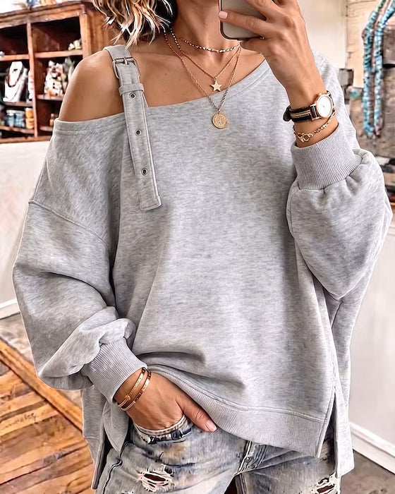 Sweatshirt Freie Schulter Träger Schlitz Locker Passform
