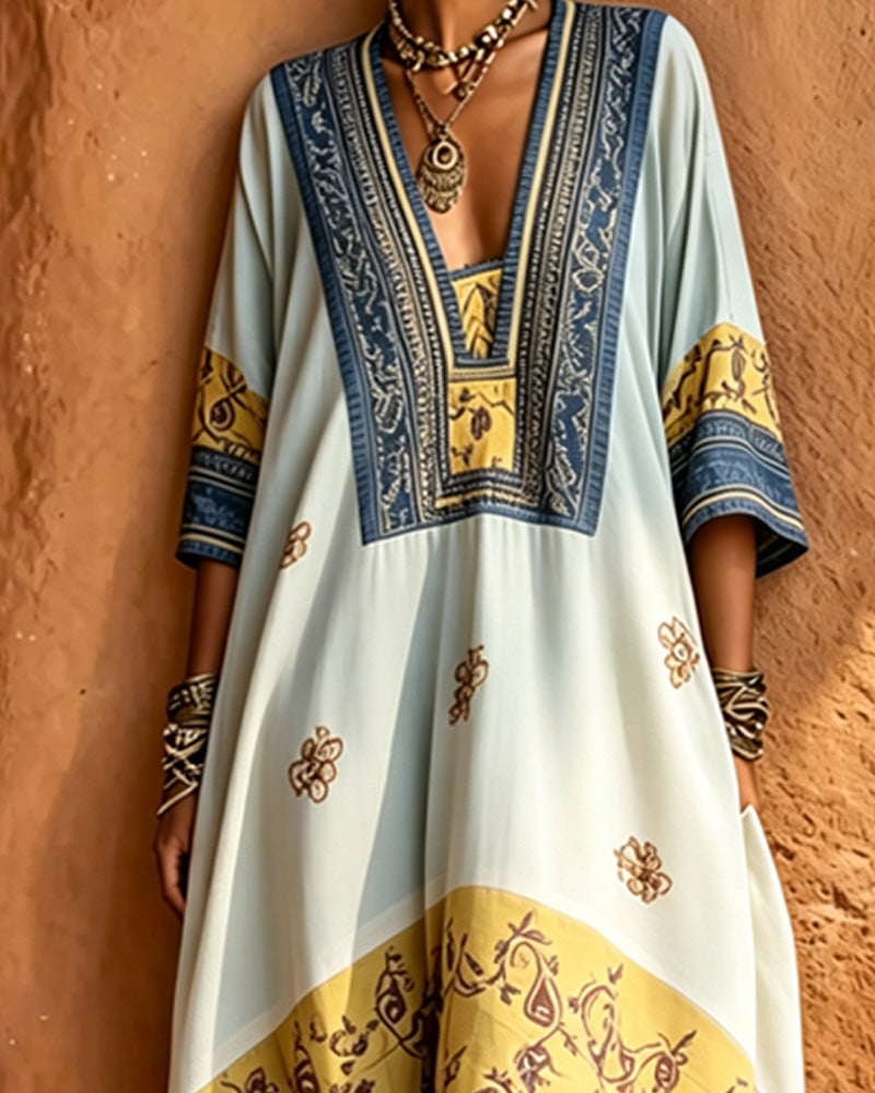 Kleid V-Ausschnitt Etnisch Großer Saum