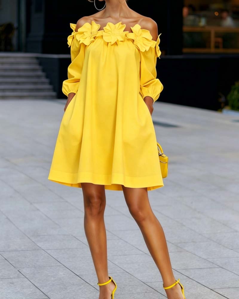 Kleid Off-Shoulder Blumig Akzent
