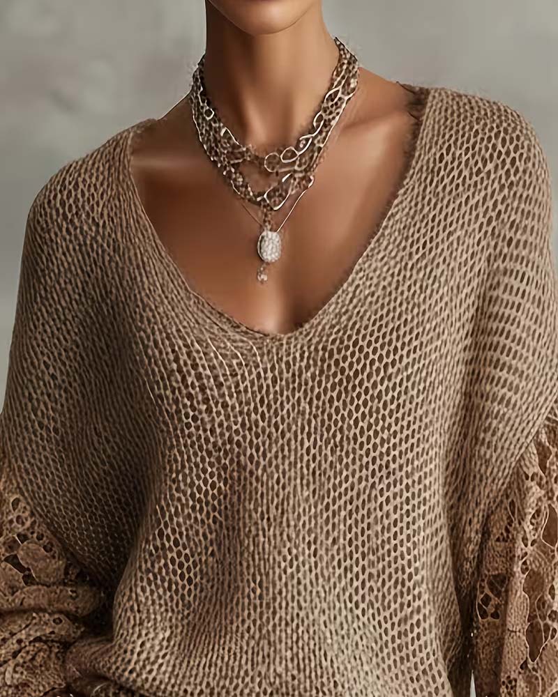 Pullover Spitze Cut-Out Patchwork Laternenärmel