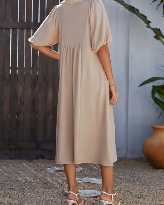 Kleid V-Ausschnitt Klappe Puff Ärmel Maxi