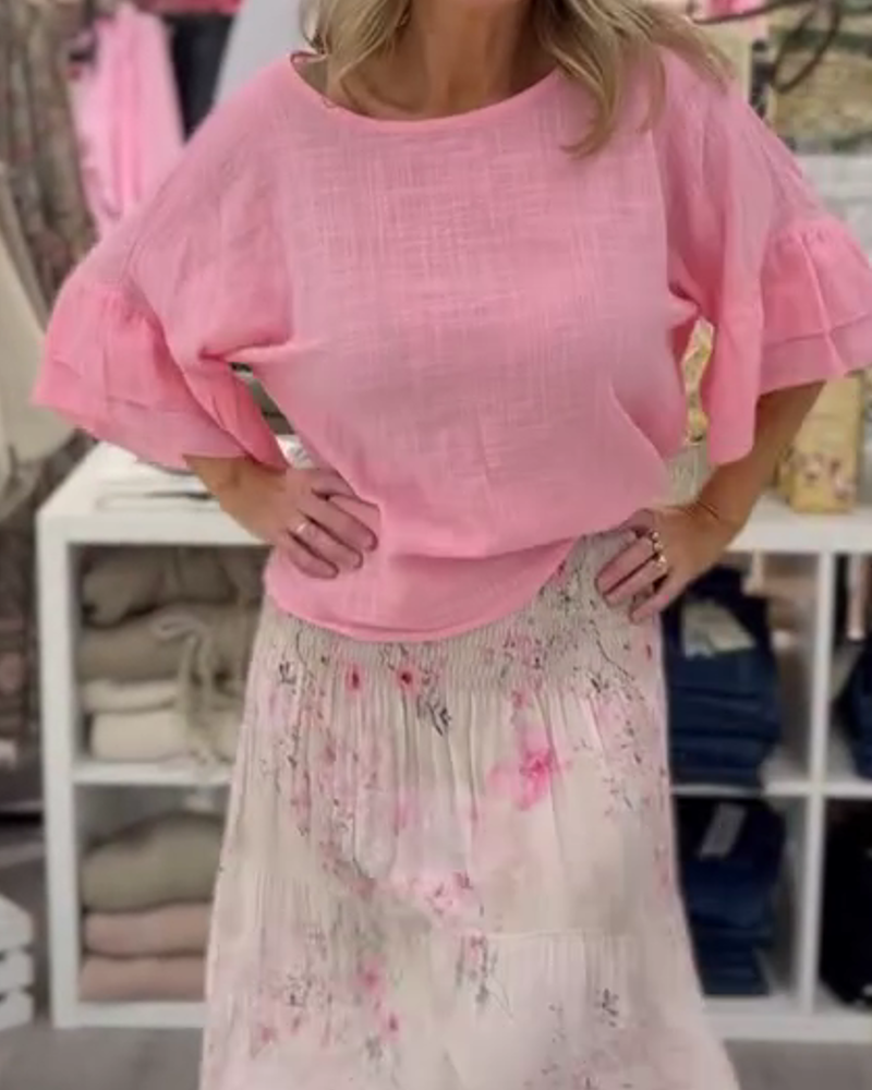 Bluse Loose Fit Rundhalsausschnitt Rüschenärmel