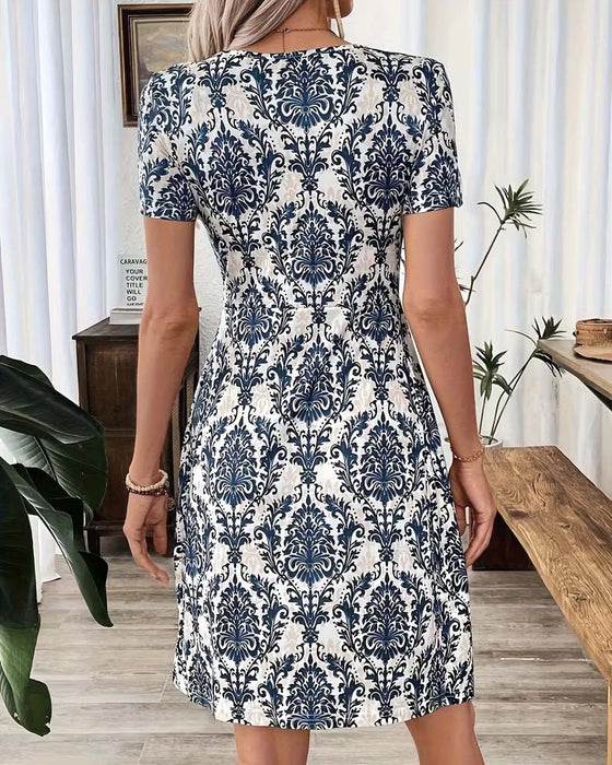 Kleid V-Ausschnitt Gerafft Hohe Taille Bohemian