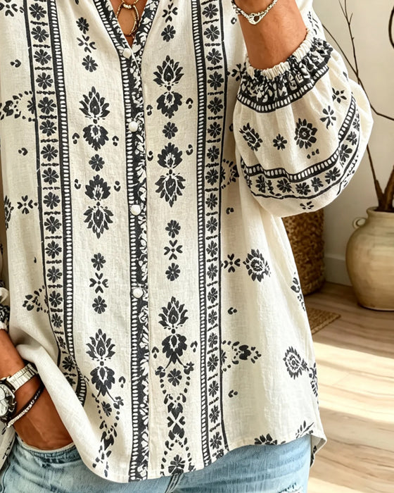 Bluse V-Ausschnitt Spitzen-Besatz Puff-Ärmel Druck