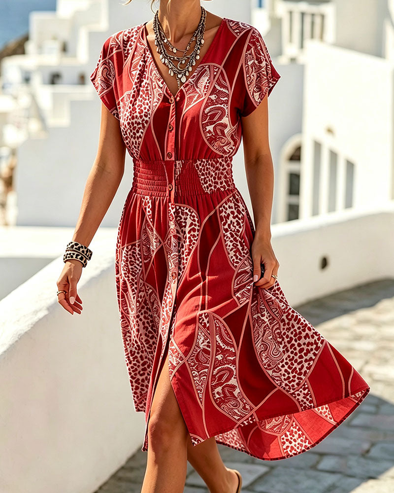 Kleid Leopardenmuster V-Ausschnitt Knopf Taille