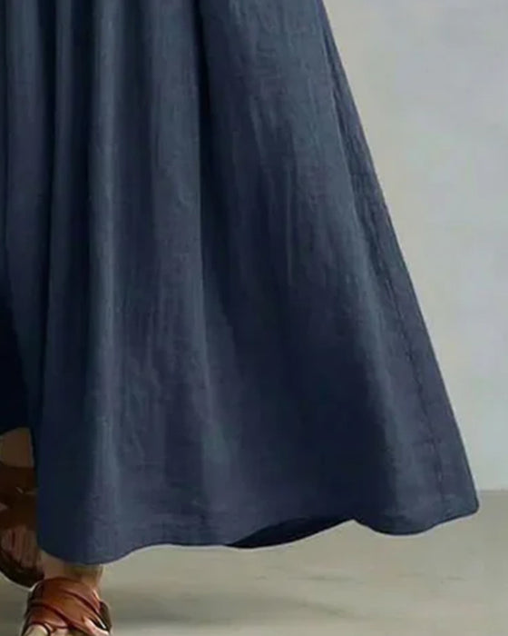 Kleid Plissiert V-Ausschnitt Halbknopfleiste A-Linie Lang