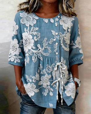 Bluse mit Blumenmuster Schnürung und halber Knopfleiste