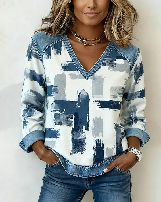 Langärmeliges Sweatshirt mit Tuschmalerei-Druck und Patchwork
