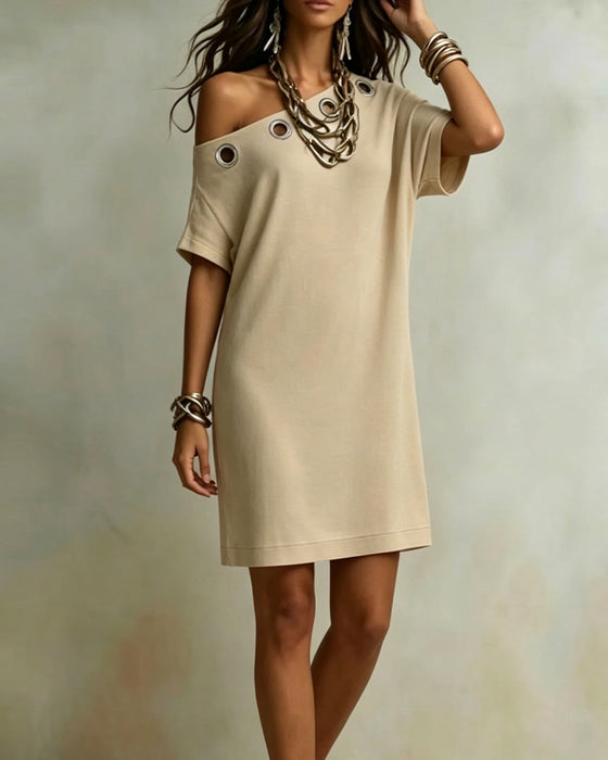 Kleid Einfarbig Ein-Schulter-Ring T-Shirt