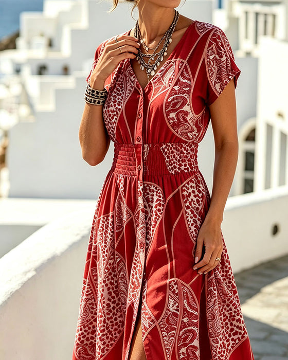 Kleid Leopardenmuster V-Ausschnitt Knopf Taille
