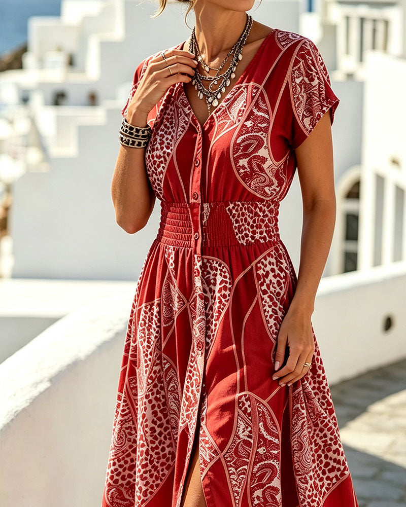 Kleid Leopardenmuster V-Ausschnitt Knopf Taille