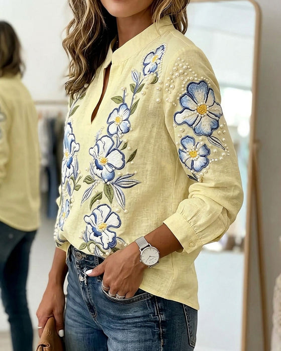 Bluse Mandarin Kragen Langarm Bedruckt