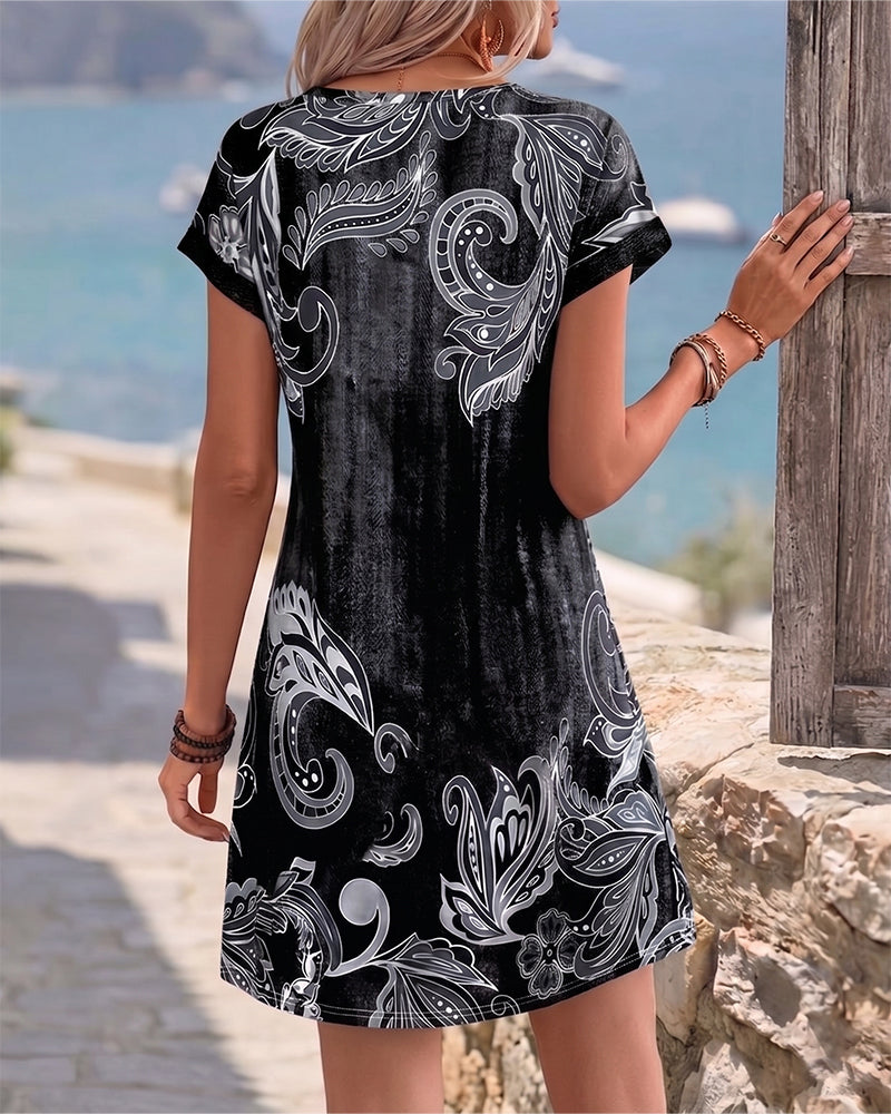 Kleid V-Ausschnitt Halbe Knopfleiste Druck
