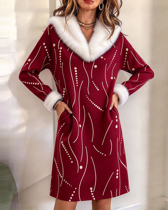 Kleid Flauschiger Kragen Muster Mittellang