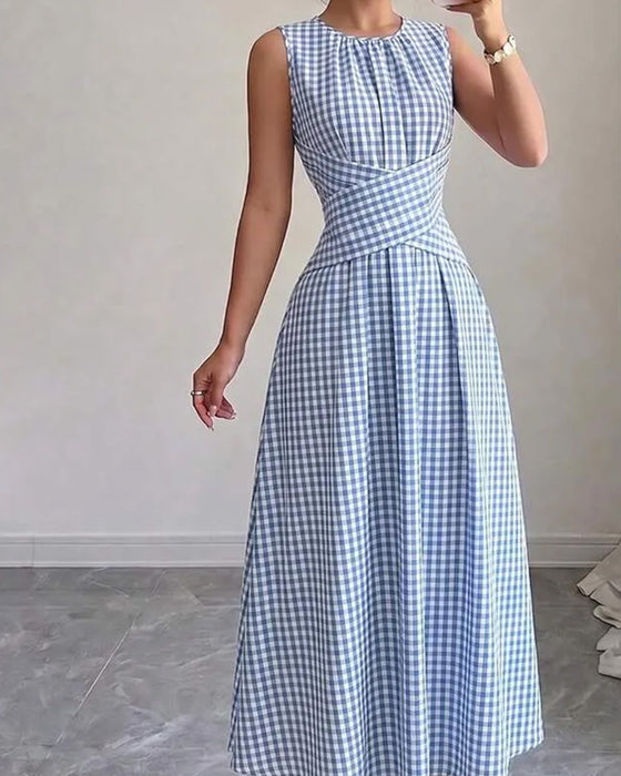 Kleid Rundhals Kreuz Gerafft Karo