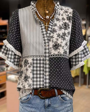Bluse Mandarin Kragen Polka Dot Karo
