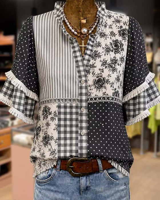 Bluse Mandarin Kragen Polka Dot Karo