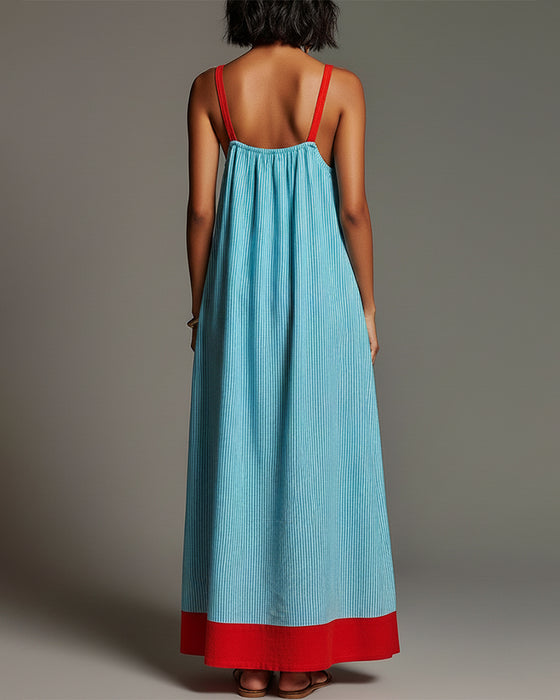 Kleid Blau Rot Farbblock Streifen Camisole