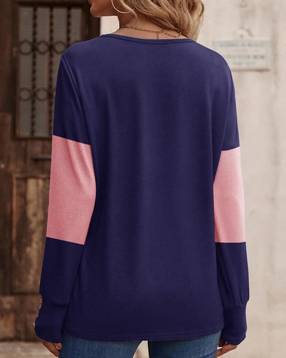 T-Shirt Damen Colorblock Druck Knopf Deko Fallende Schulter