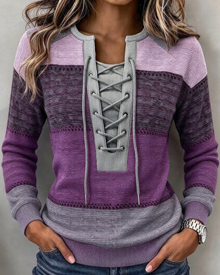 Sweatshirt Binden Gestreift Farbblock Figurbetont