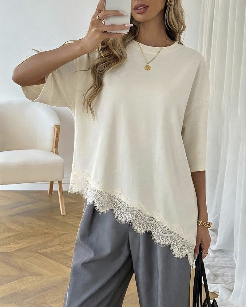 Bluse Asymmetrisch Spitze Zusammengesetzter Saum Kurzarm