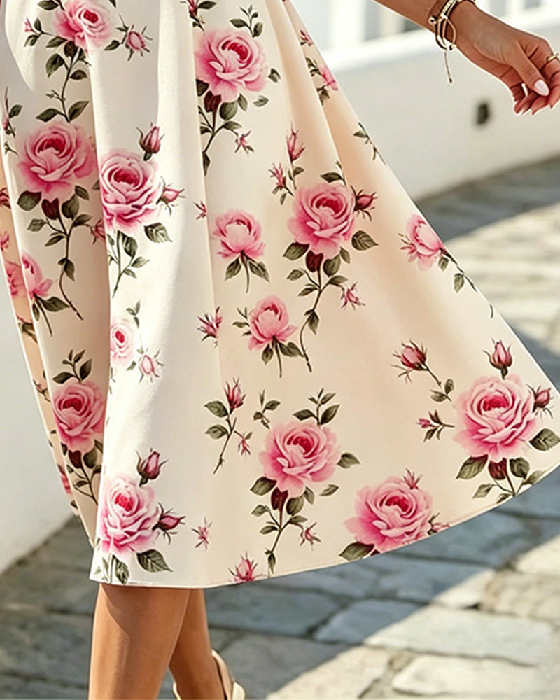 Kleid Blumen V-Ausschnitt Ärmellos Taille A-Linie