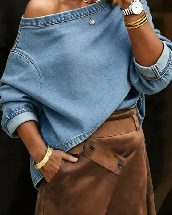 Oberteil Off-Shoulder Locker Denim Langarm