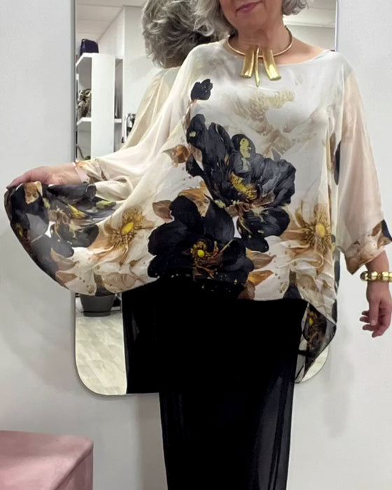 Bluse Langarm Unregelmäßig Großes Blumenmuster