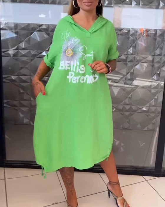 Kleid Mit Kapuze Bedruckt Lässig Gerade