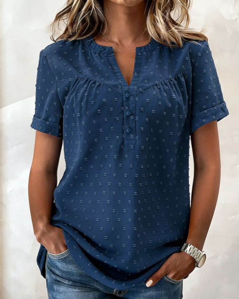 Bluse Jacquard V-Ausschnitt Halbknopfleiste Kurzarm