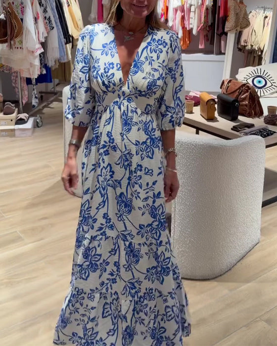 Kleid Tiefer V-Ausschnitt Elegant Blumig Lang