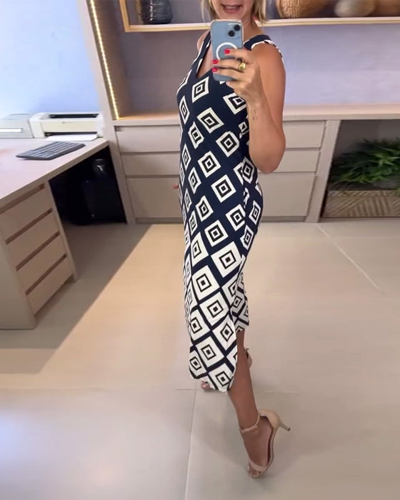 Kleid V-Ausschnitt Rautenmuster Ärmellos