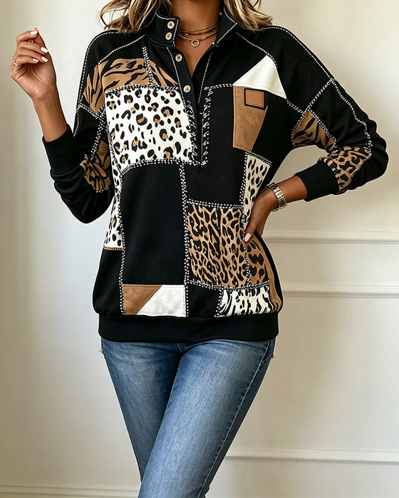 Sweatshirt Leopard Patchwork Stehkragen