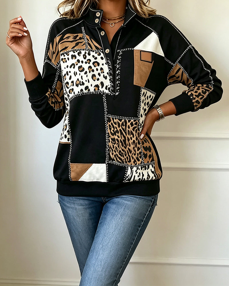 Sweatshirt Leopard Patchwork Stehkragen