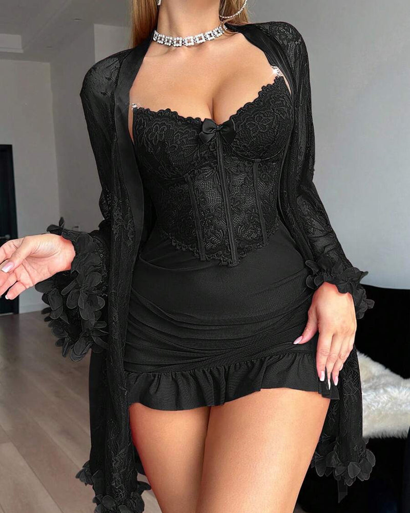 Kleid Spitze Cover-Up Spaghettiträger Spitzenbesatz Pyjama