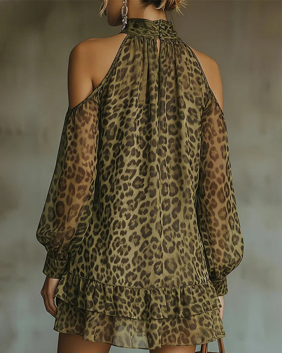 Kleid Mode Off-Shoulder Halfter Leopard