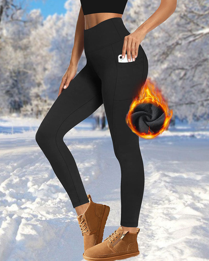 Damen Hohe Taille Fleece Gefütterte Leggings Mit Taschen