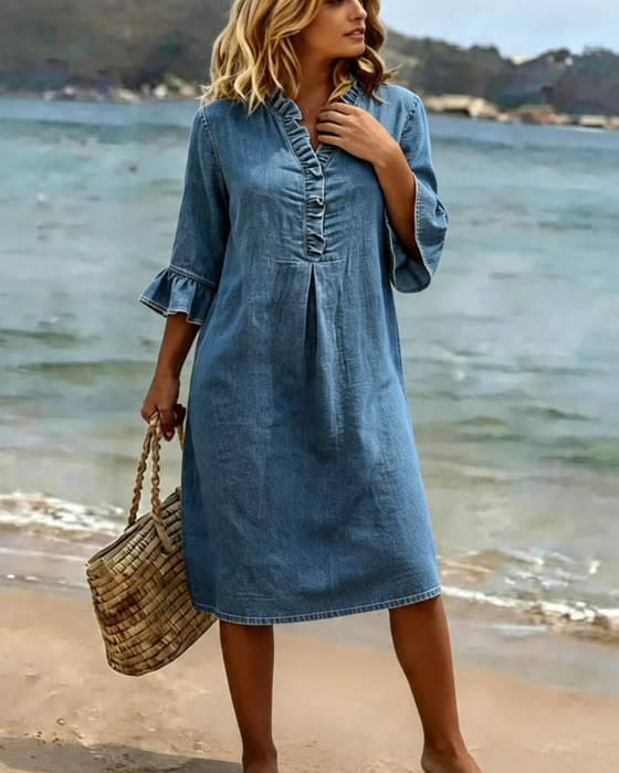 Kleid Gerüscht V-Ausschnitt