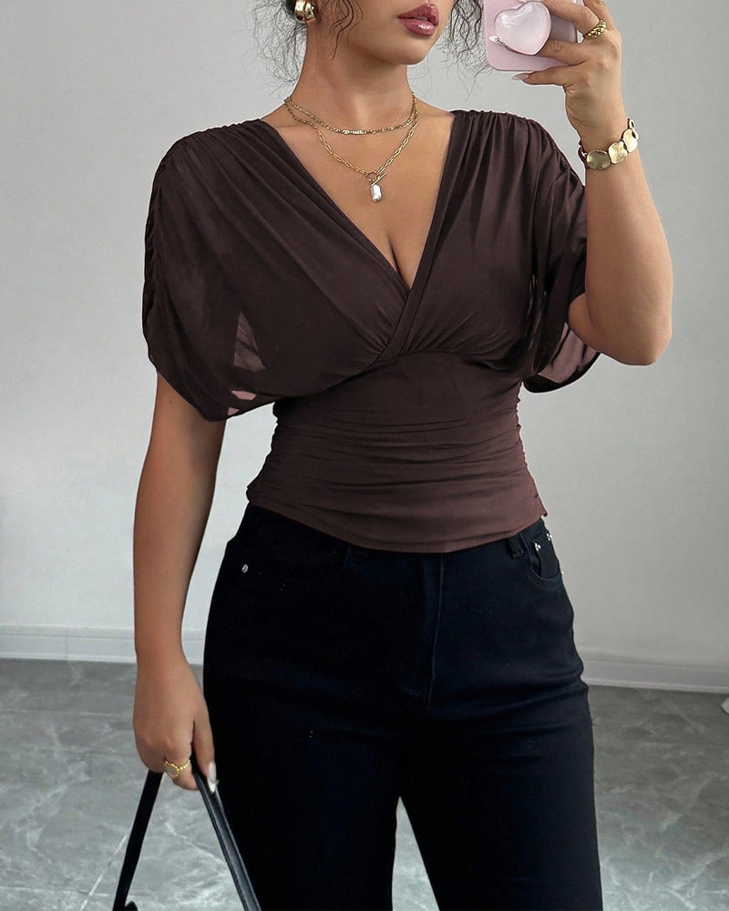 Bluse Uni Farbe Tiefer V-Ausschnitt Taille Kurzarm