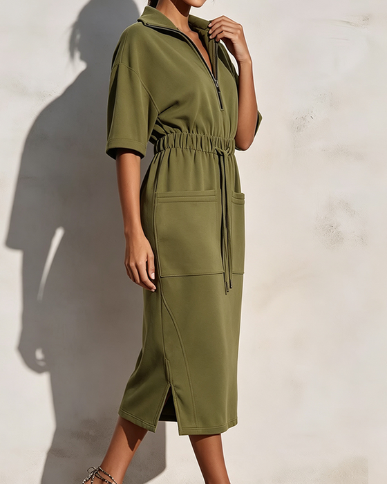 Kleid Reißverschluss Revers Taille Tasche