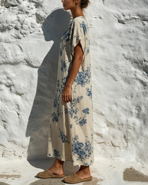 Kleid Rundhals Vintage Blau Floral