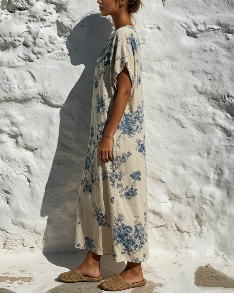 Kleid Rundhals Vintage Blau Floral